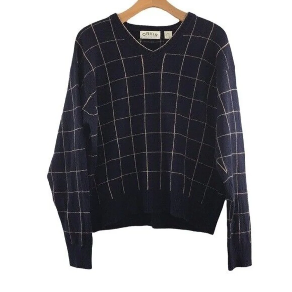 Orvis Navy Cream Knit‎ Windowpane Check Wool Sweater Mens XL V Neck Pullover